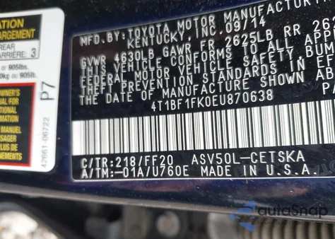 2014 Toyota Camry Se z USA, uszkodzony, nr VIN 4T1BF1FK0EU870638